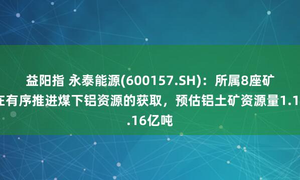 益阳指 永泰能源(600157.SH)：所属8座矿井正在有序推进煤下铝资源的获取，预估铝土矿资源量1.16亿吨